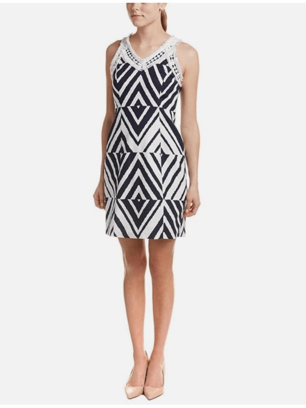 Taylor Navy White Chevron Crochet Trim Keyhole Shift Dress Size 2